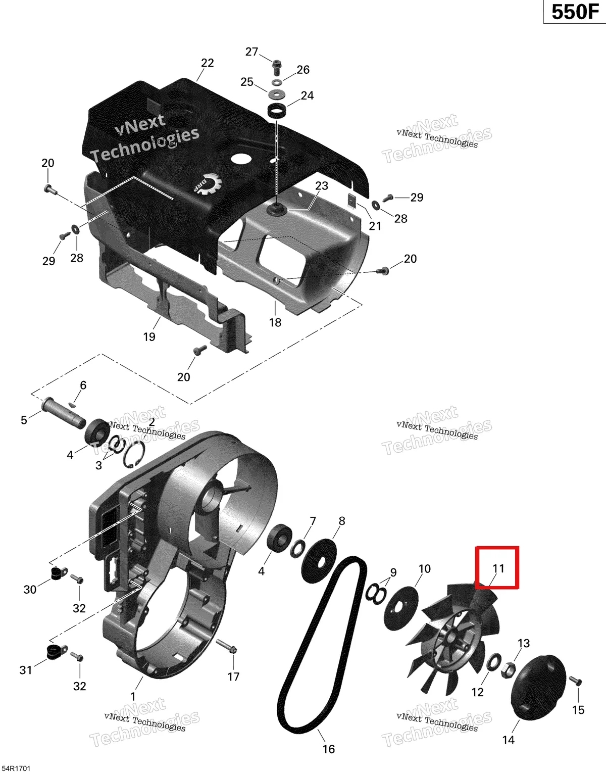 Деталь 420866294 (Вентилятор) на схеме узла 2020 Ski-Doo EXPEDITION SPORT 550F Engine - Fan And Cylinder Cowls - 550F