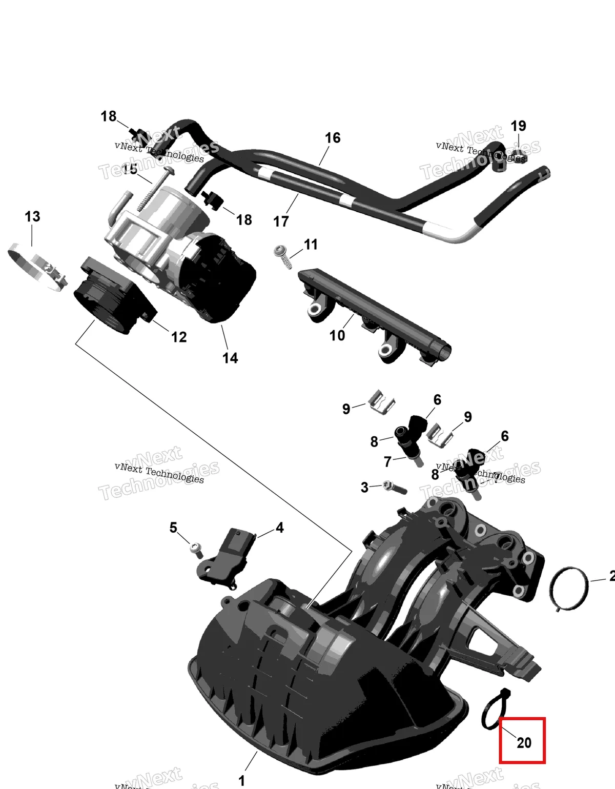 Деталь 420866714 (Стяжка) на схеме узла 2026 Ski-Doo EXPEDITION - SPORT - 600 ACE - KCTB - Neo Yellow - 16X154X1.5CH Track Rotax - Air Intake Manifold And Throttle Body
