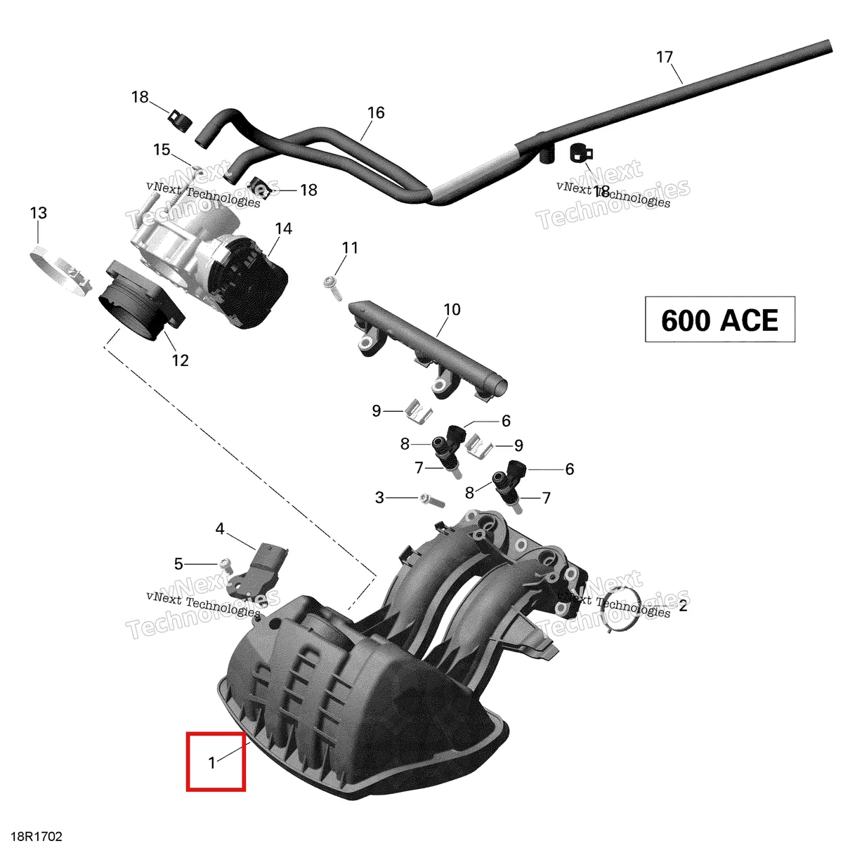 Деталь 420867025 (Деталь Airbox Ass'y. Includes 1 To 2) на схеме узла 2019 Ski-Doo EXPEDITION SPORT 600 ACE Air Intake Manifold And Throttle Body - 600 Ace