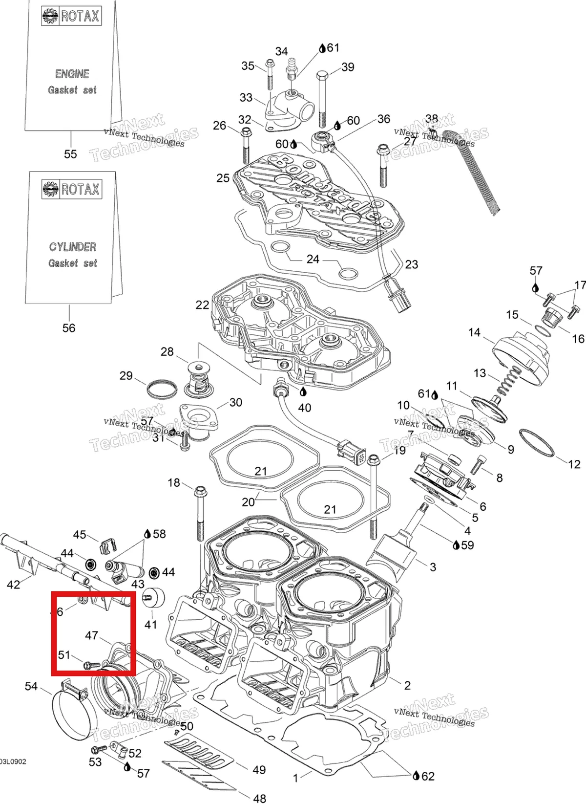 Деталь 420867240 (Деталь Reed Vale Ass'y. Includes 47 To 50) на схеме узла 2009 Ski-Doo Expedition TUV 600 H.O. SDI Cylinder And Cylinder Head