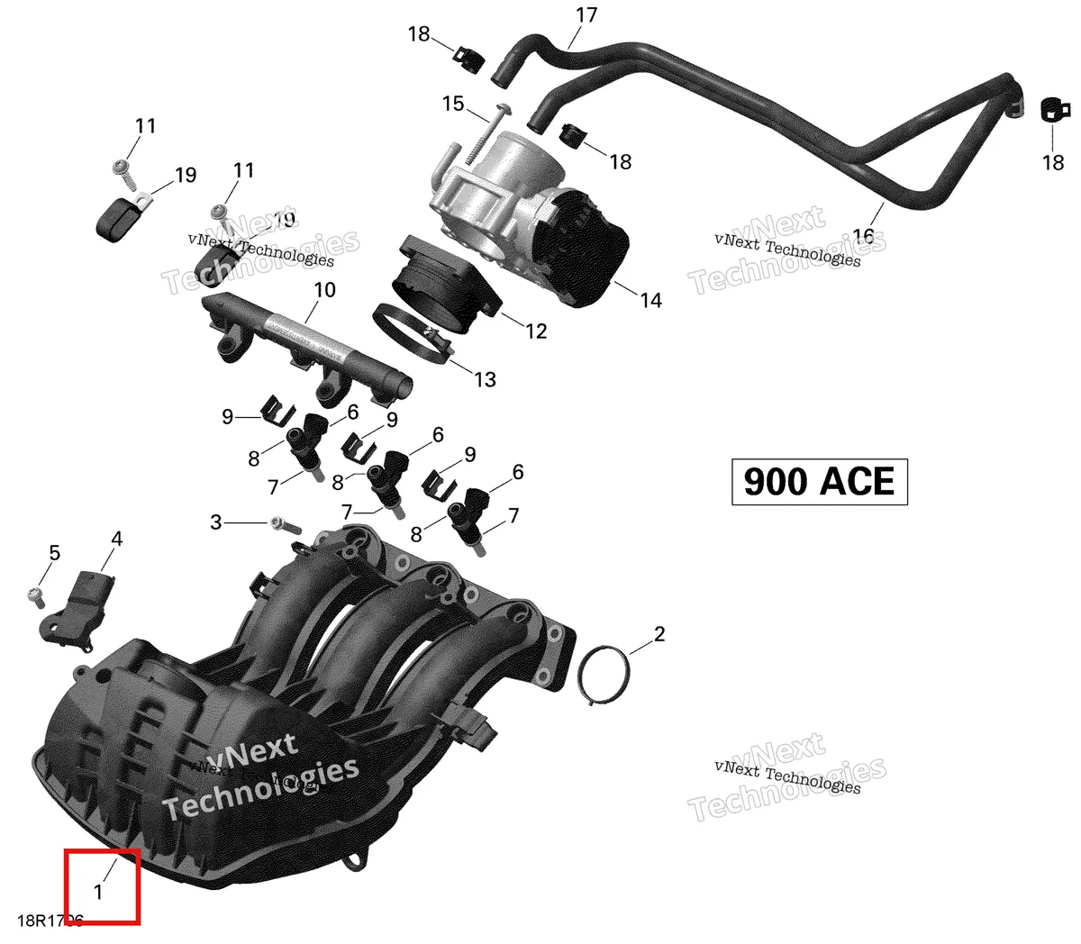 Деталь 420867340 (Деталь Airbox Ass'y. Includes 1 To 2) на схеме узла 2018 Ski-Doo EXPEDITION SPORT 900 ACE Air Intake Manifold And Throttle Body - 900 Ace