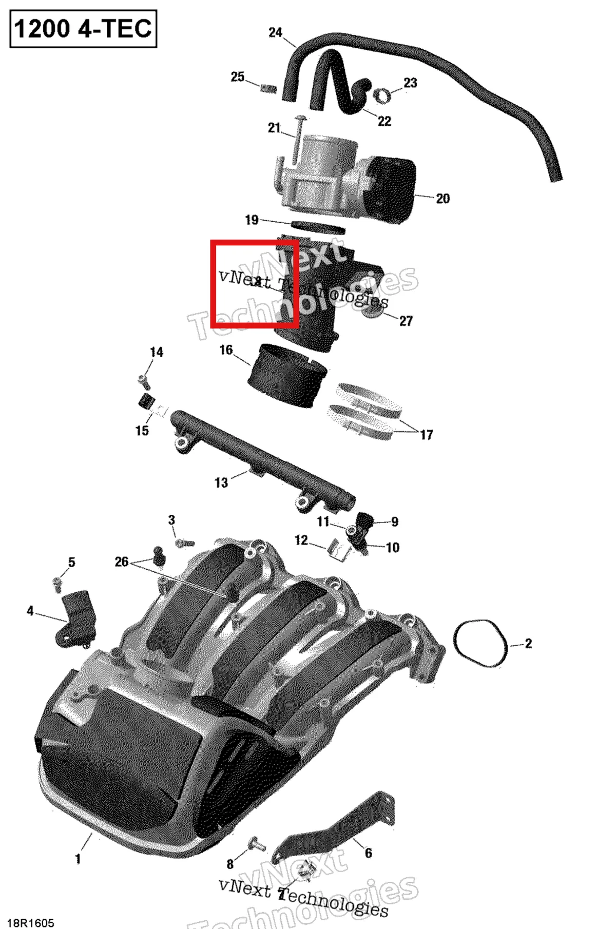 Деталь 420867560 (Деталь Connecting Tube) на схеме узла 2019 Ski-Doo EXPEDITION LE-SE 1200 4-TEC Air Intake Manifold And Throttle Body - 1200Itc 4-Tec
