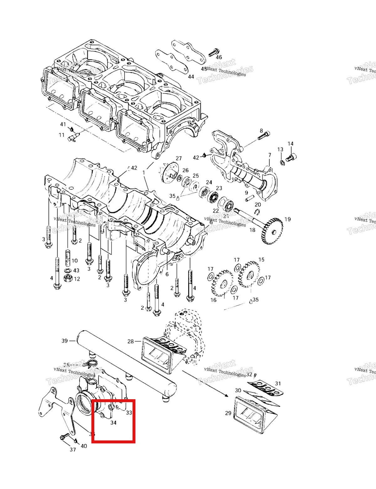 Деталь 420867776 на схеме узла 1997 Ski-Doo Formula III Crankcase, Reed Valve, Water Pump