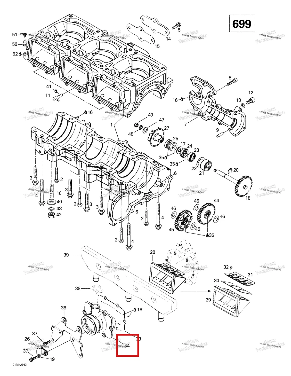 Деталь 420867841 на схеме узла 2000 Ski-Doo Formula III 700 R Crankcase, Reed Valve, Water Pump