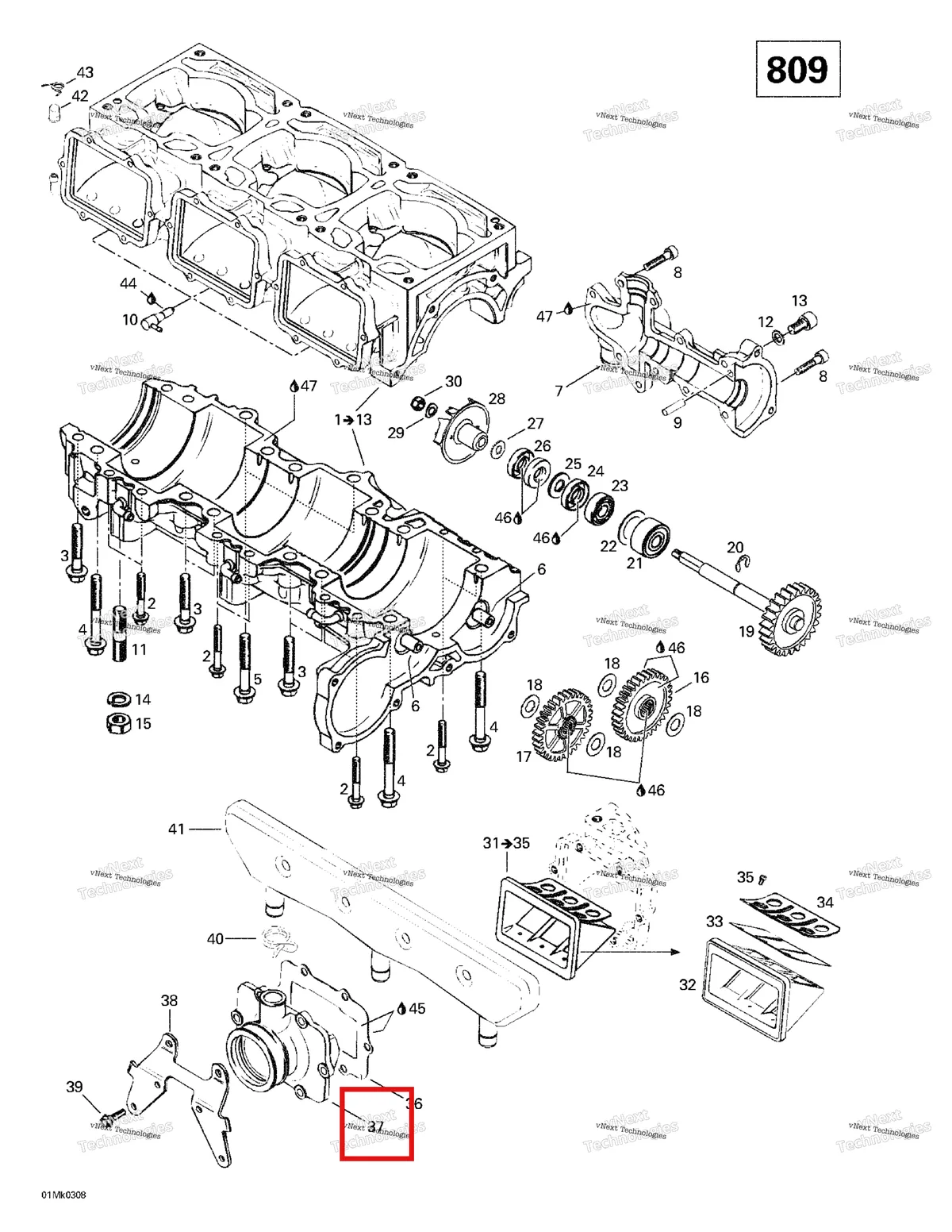 Деталь 420867848 на схеме узла 2003 Ski-Doo Mach Z Crankcase, Reed Valve, Water Pump
