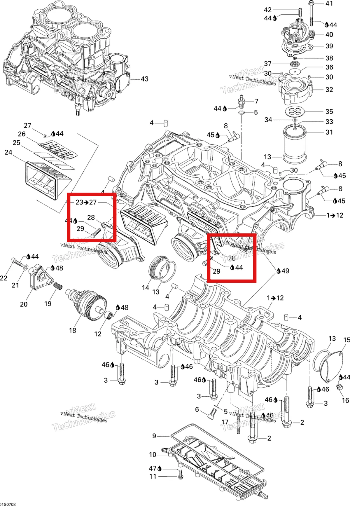 Деталь 420867890 на схеме узла 2007 Sea-Doo 3D 947 DI Crankcase And Reed Valve