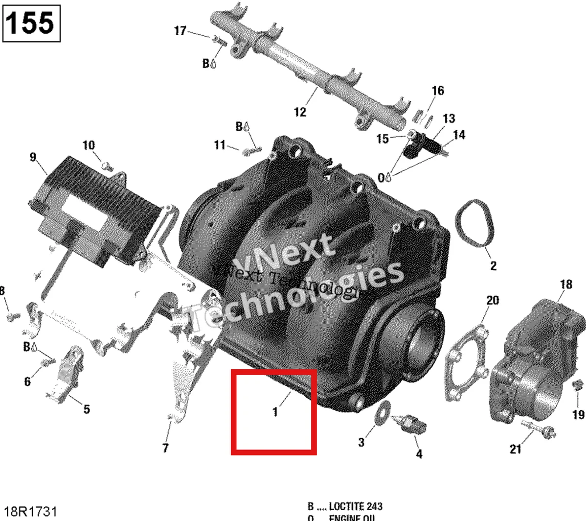 Деталь 420867921 (Впуск воздуха коллектор включает 1 to 2 Sea-Doo GTX (2016) (420867921)) на схеме узла 2017 Sea-Doo GTX Air Intake Manifold And Throttle Body - 130-155 Model Without Suspension