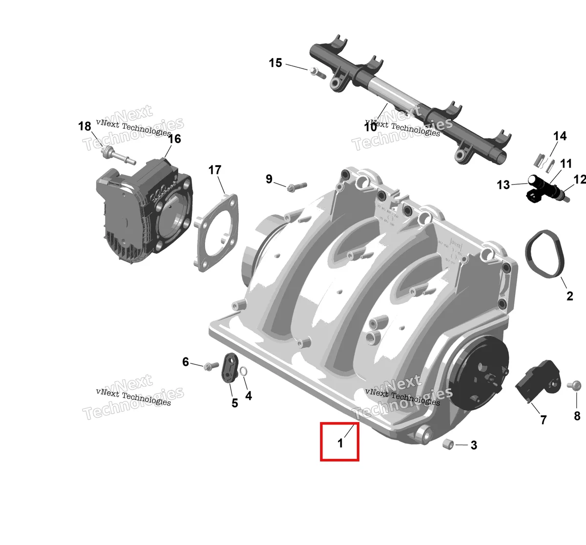 Деталь 420867946 (Induction коллектор Sea-Doo RXP (2016) (420867946)) на схеме узла 2026 Sea-Doo GTR - 300 - X - 24TB - Eclipse Black - Audio Rotax - Air Intake Manifold And Throttle Body
