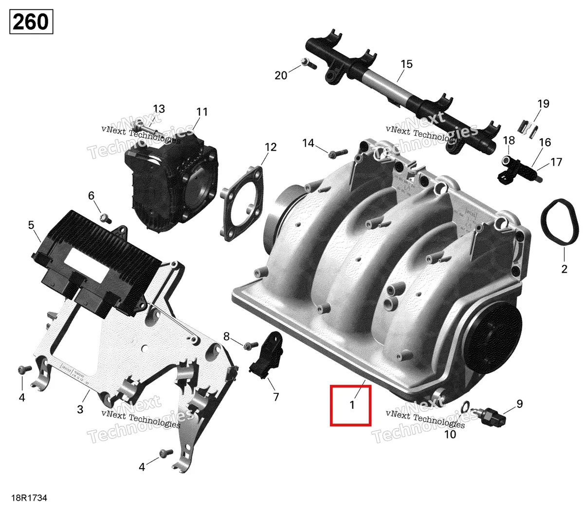 Деталь 420867951 на схеме узла 2017 Sea-Doo RXT Air Intake Manifold And Throttle Body - 260