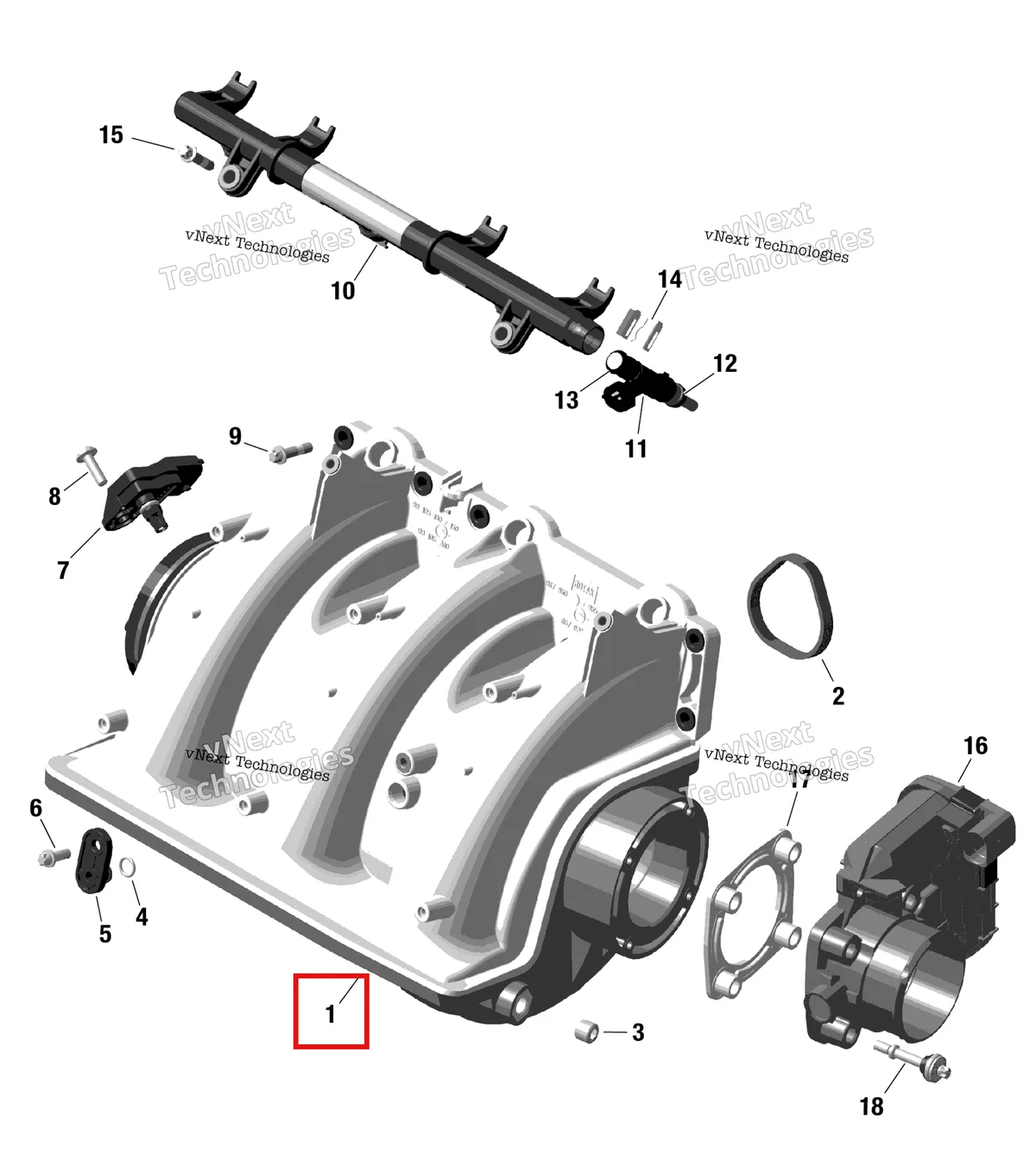 Деталь 420867954 (Впуск коллектор в сборе включает no 1 6 Sea-Doo GTX 170 (2023) (420867954)) на схеме узла 2023 Sea-Doo GTI 130 Rotax - Air Intake Manifold And Throttle Body
