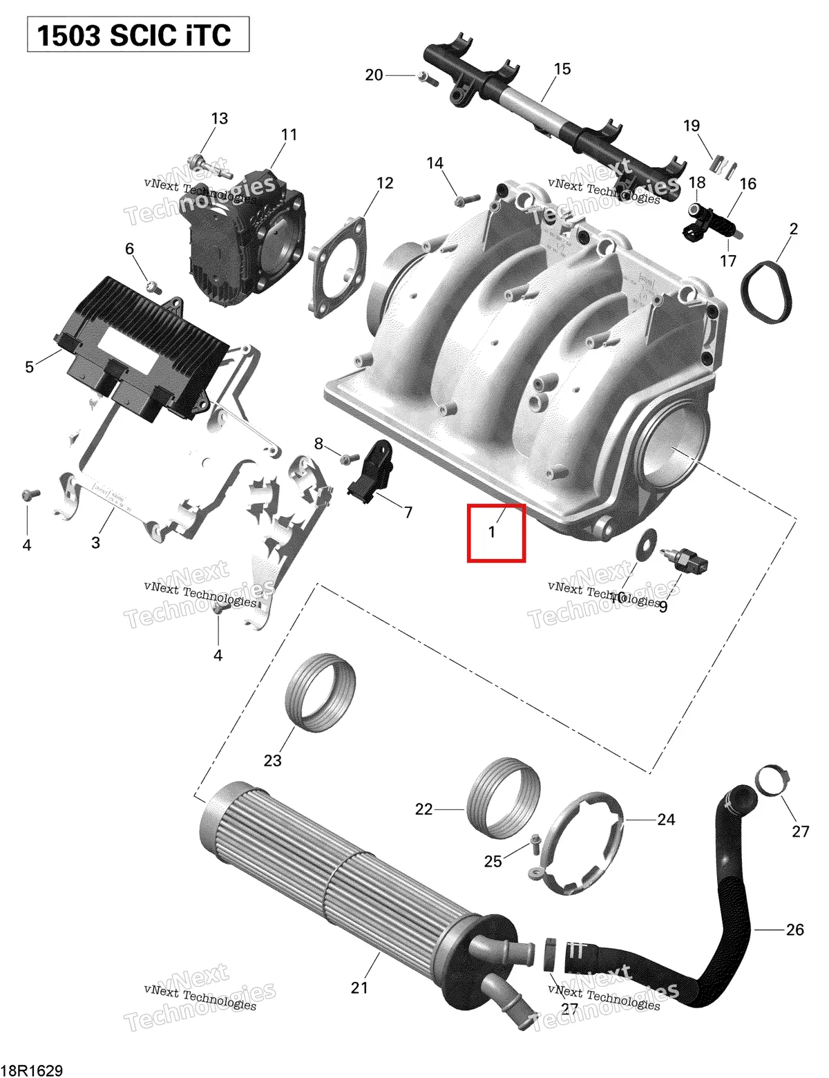 Деталь 420867955 (Впуск воздуха коллектор включает 1 to 2 Sea-Doo GTX (2016) (420867955)) на схеме узла 2016 Sea-Doo GTI-GTR-GTS Air Intake Manifold And Throttle Body - 215