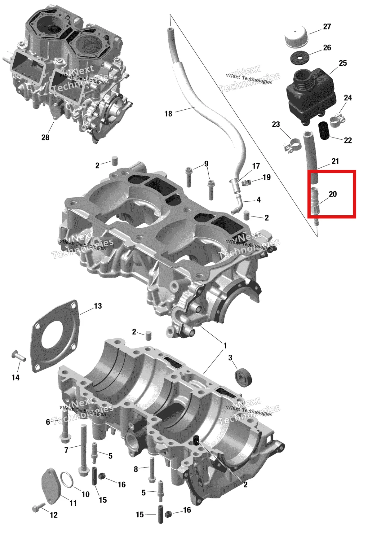 Деталь 420874370 (Фитинг) на схеме узла 2020 Ski-Doo MXZ 600RS Engine - Crankcase - 598 Rs