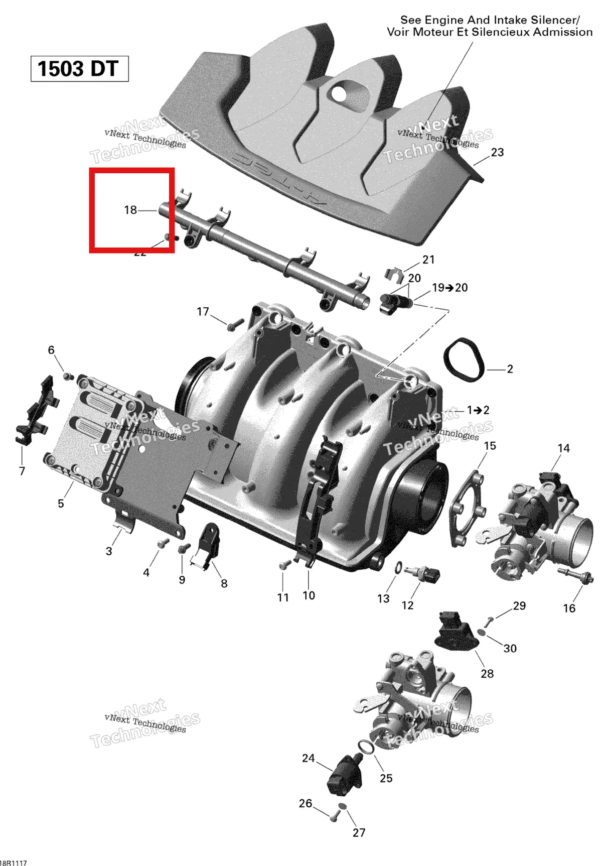 Деталь 420874394 на схеме узла 2011 Sea-Doo GTS Pro 130 Air Intake Manifold And Throttle Body