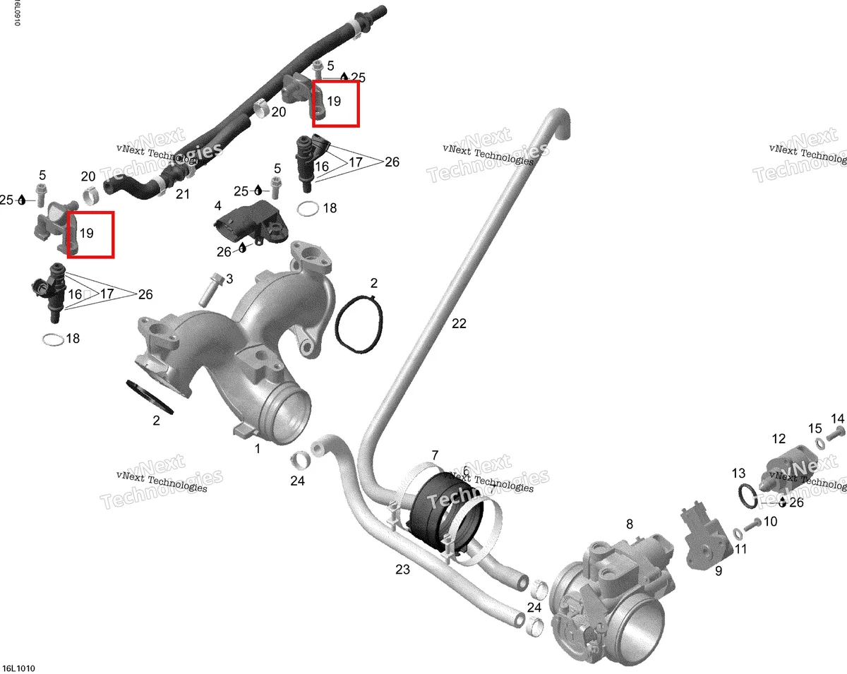 Деталь 420874410 (Деталь Fuel Rail) на схеме узла 2010 Ski-Doo Skandic SWT V800 Air Inlet Manifold And Throttle Body