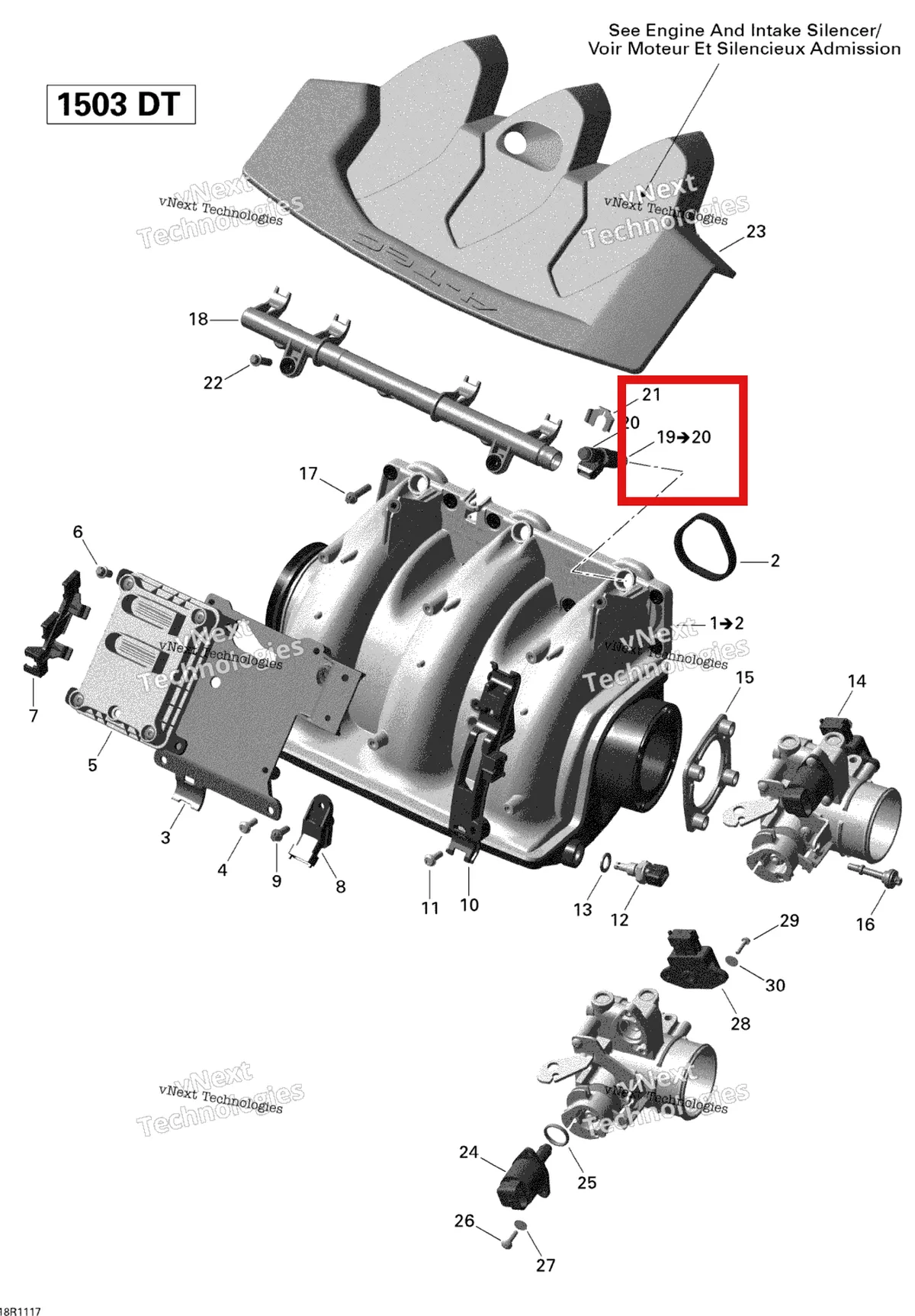 Деталь 420874430 на схеме узла 2011 Sea-Doo GTS Pro 130 Air Intake Manifold And Throttle Body