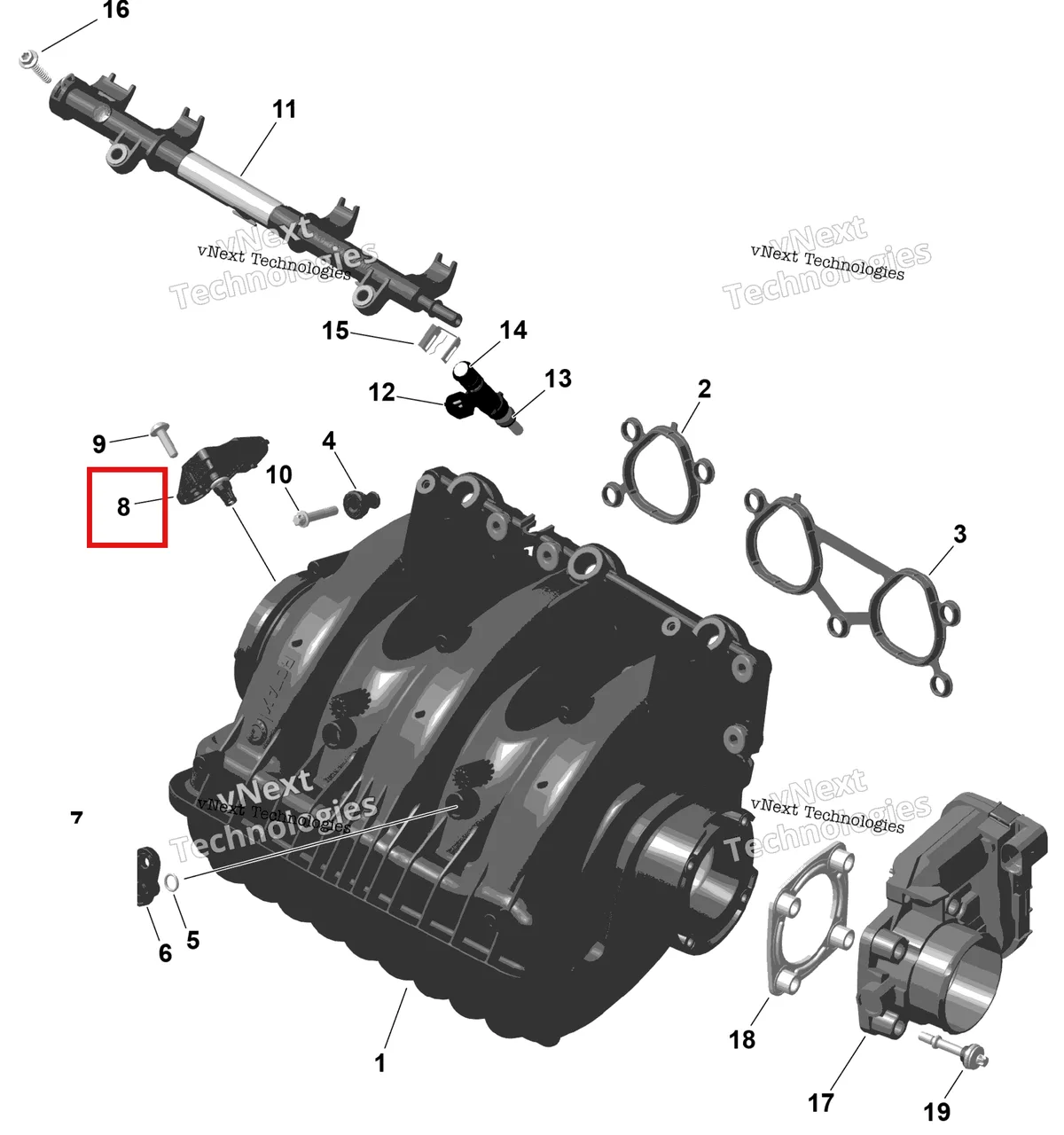 Деталь 420874656 на схеме узла 2026 Sea-Doo GTI - 130 - STD - 38TB - Bright White Rotax - Air Intake Manifold And Throttle Body