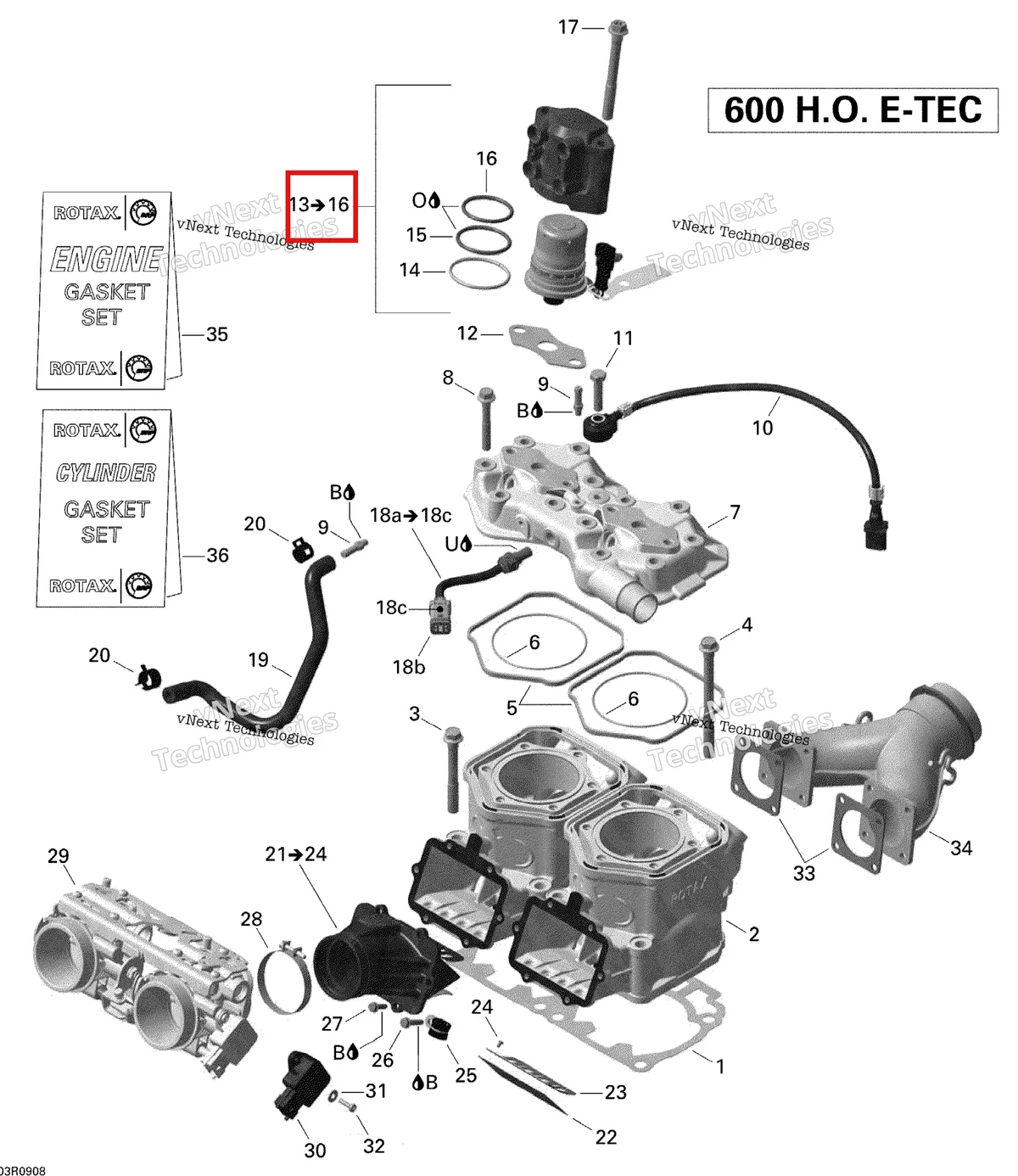 Деталь 420874731 (Деталь Fuel Injector Asy. Includes 13 To 16) на схеме узла 2009 Ski-Doo GSX Limited 600 H.O. E-TEC Cylinder And Injection System