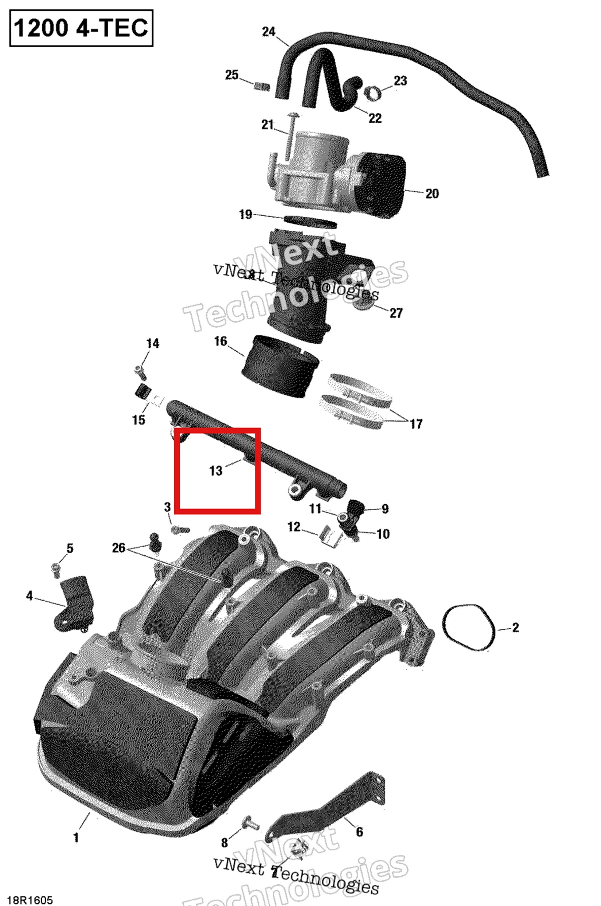Деталь 420874810 (Деталь Fuel Rail) на схеме узла 2019 Ski-Doo EXPEDITION LE-SE 1200 4-TEC Air Intake Manifold And Throttle Body - 1200Itc 4-Tec