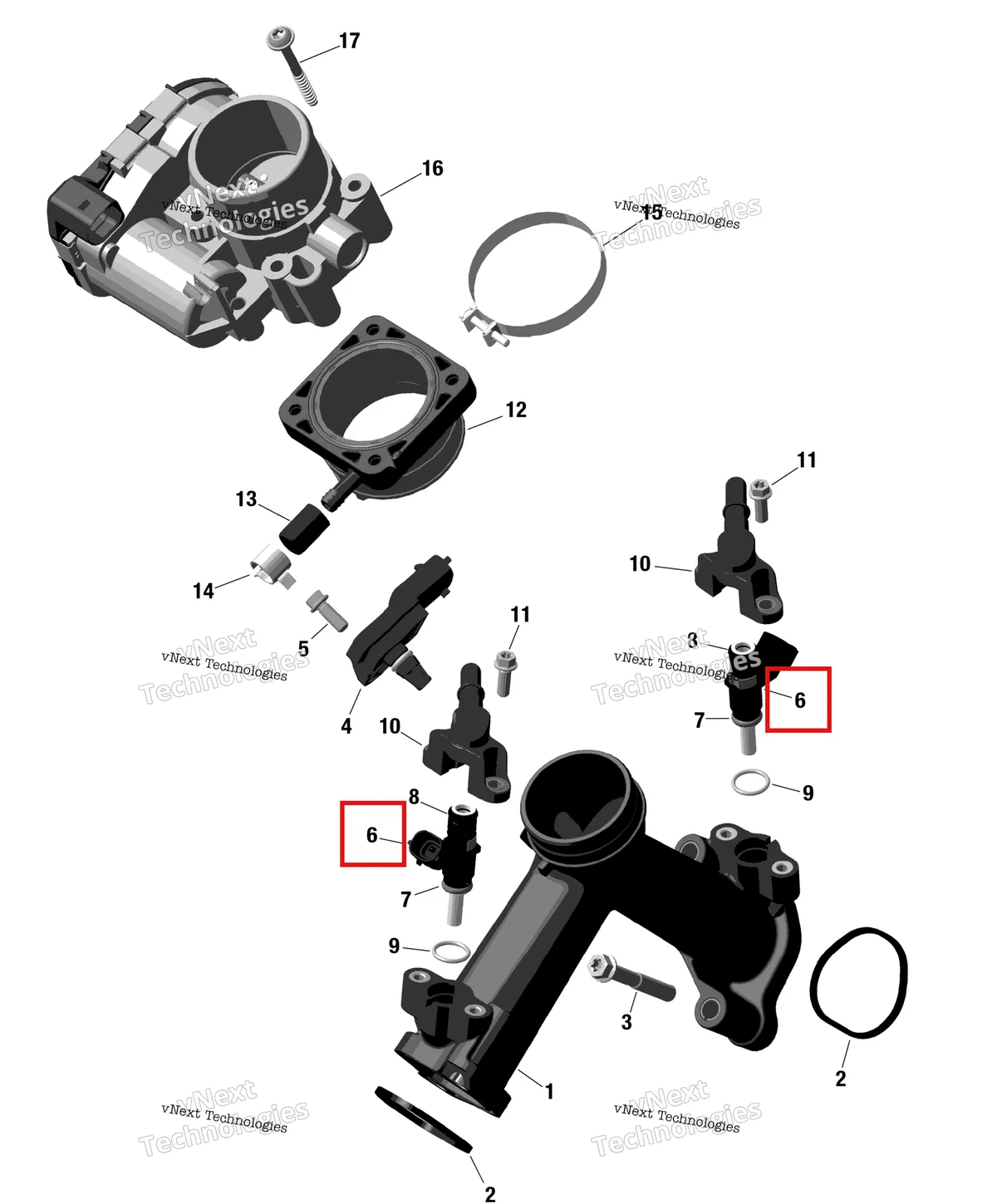Деталь 420874841 (Деталь Injection Valve. Includes 12 To 14) на схеме узла 2024 Can-Am Outlander 850 EFI 4X4 - 2ARA - DPS Package - Granite Grey Rotax - Air Intake Manifold And Throttle Body