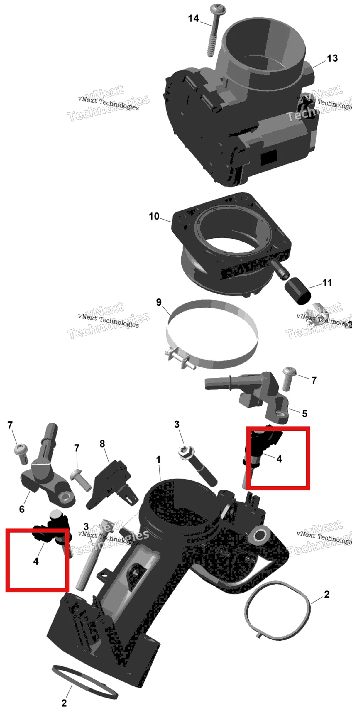 Деталь 420874873 (Топливная форсунка Ev Se Can-Am Outlander 4x4 XT 1000R (2025) (420874873)) на схеме узла 2026 Can-Am OUTLANDER - 4X4 - XT - 1000R - 4FTE - CALI - Compass Green Rotax - Air Intake Manifold And Throttle Body