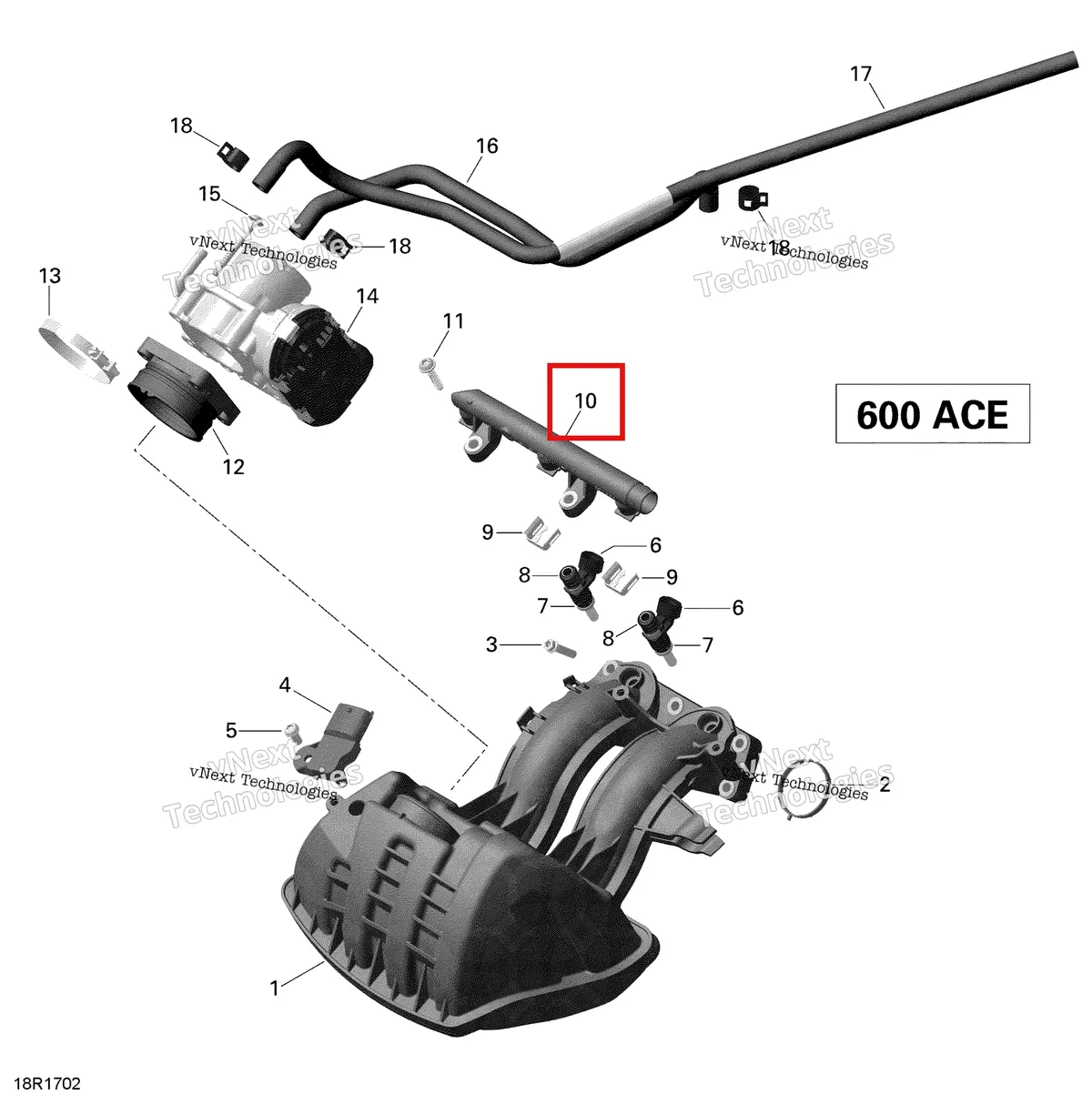 Деталь 420874960 (Деталь Fuel Rail) на схеме узла 2019 Ski-Doo EXPEDITION SPORT 600 ACE Air Intake Manifold And Throttle Body - 600 Ace