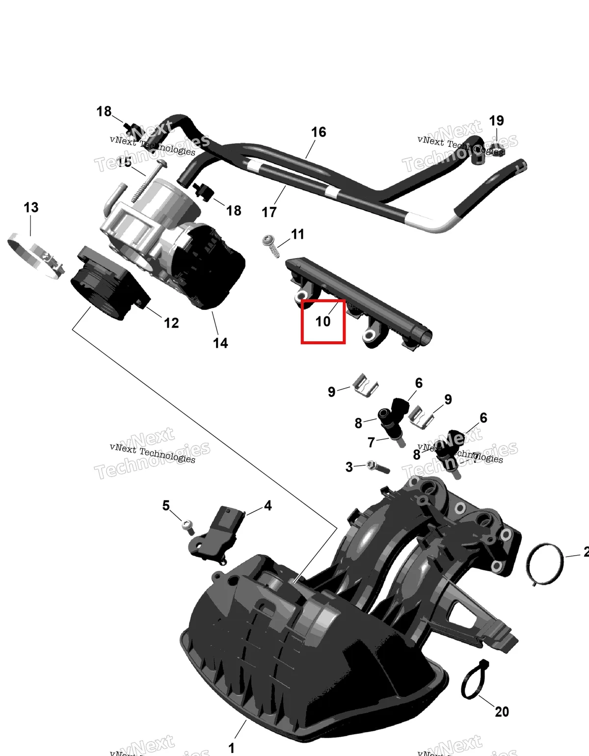 Деталь 420874961 на схеме узла 2026 Ski-Doo EXPEDITION - SPORT - 600 ACE - KCTB - Neo Yellow - 16X154X1.5CH Track Rotax - Air Intake Manifold And Throttle Body