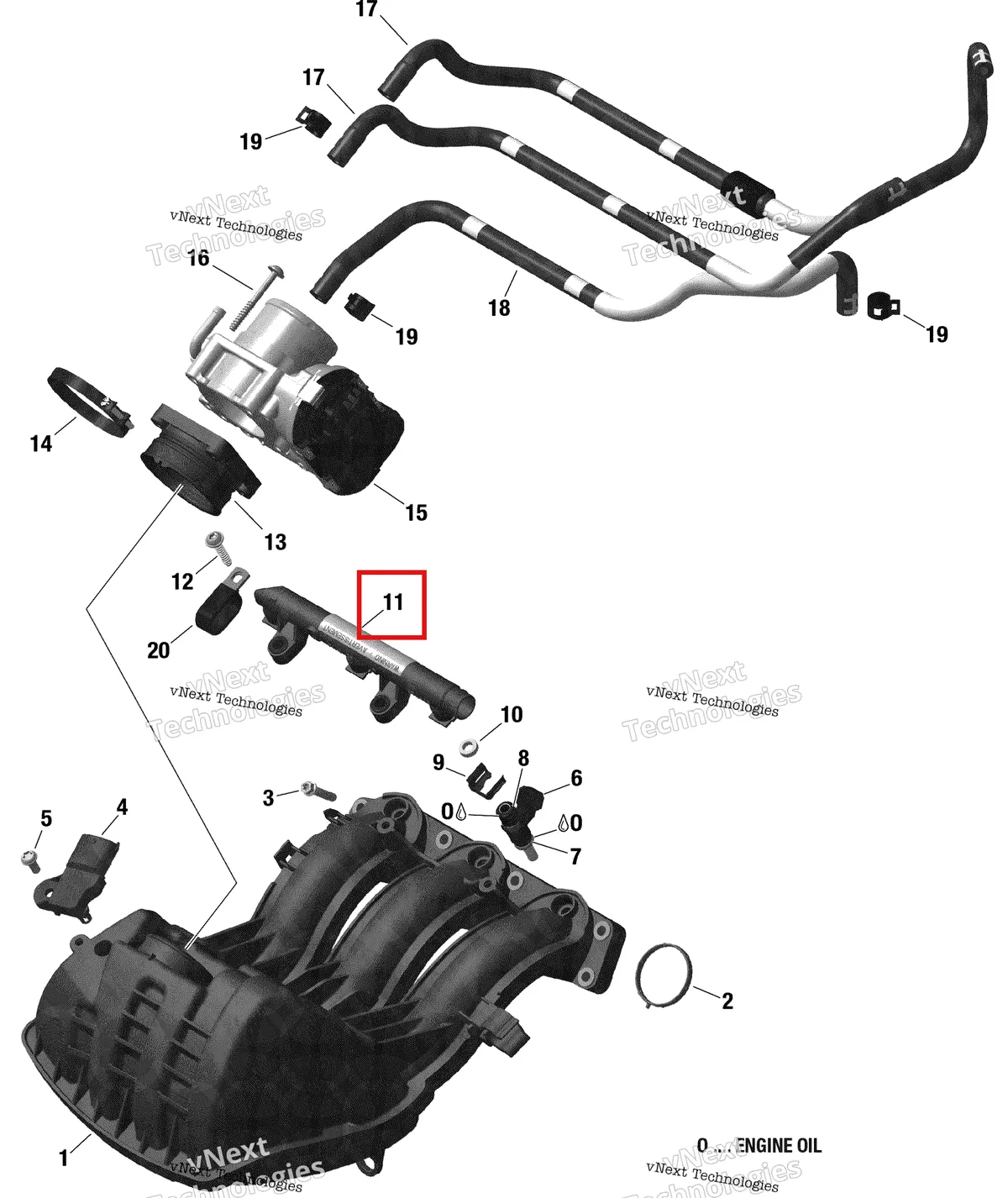 Деталь 420874965 (Деталь Fuel Rail) на схеме узла 2019 Ski-Doo EXPEDITION SPORT 900 ACE Air Intake Manifold And Throttle Body 900 Ace