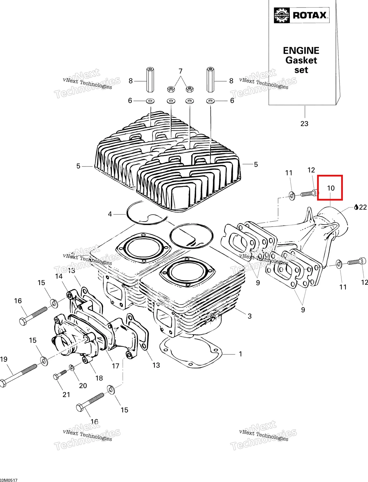 Деталь 420879459 (Коллектор) на схеме узла 2005 Ski-Doo Skandic LT 440F Cylinder And Cylinder Head, Rear Side