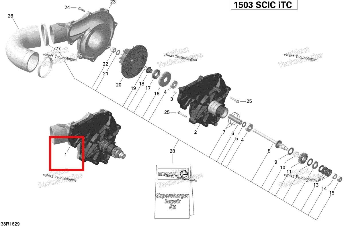 Деталь 420881996 (Supercharger в сборе включает 1 to 25 Sea-Doo GTX (2016) (420881996)) на схеме узла 2016 Sea-Doo Wake PRO Supercharger - 215