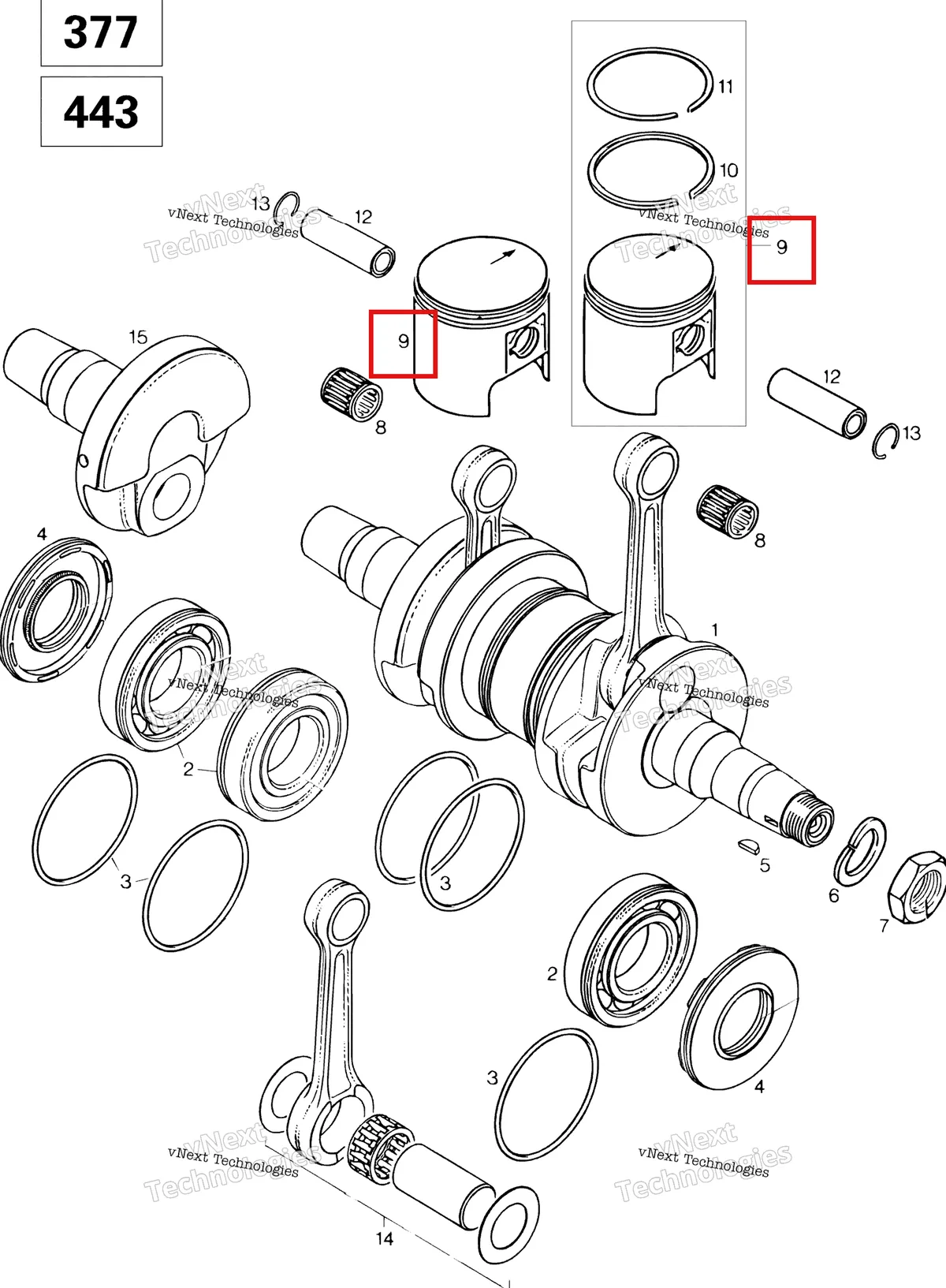 Деталь 420886051 на схеме узла 1996 Ski-Doo Touring LE Crankshaft And Pistons 443