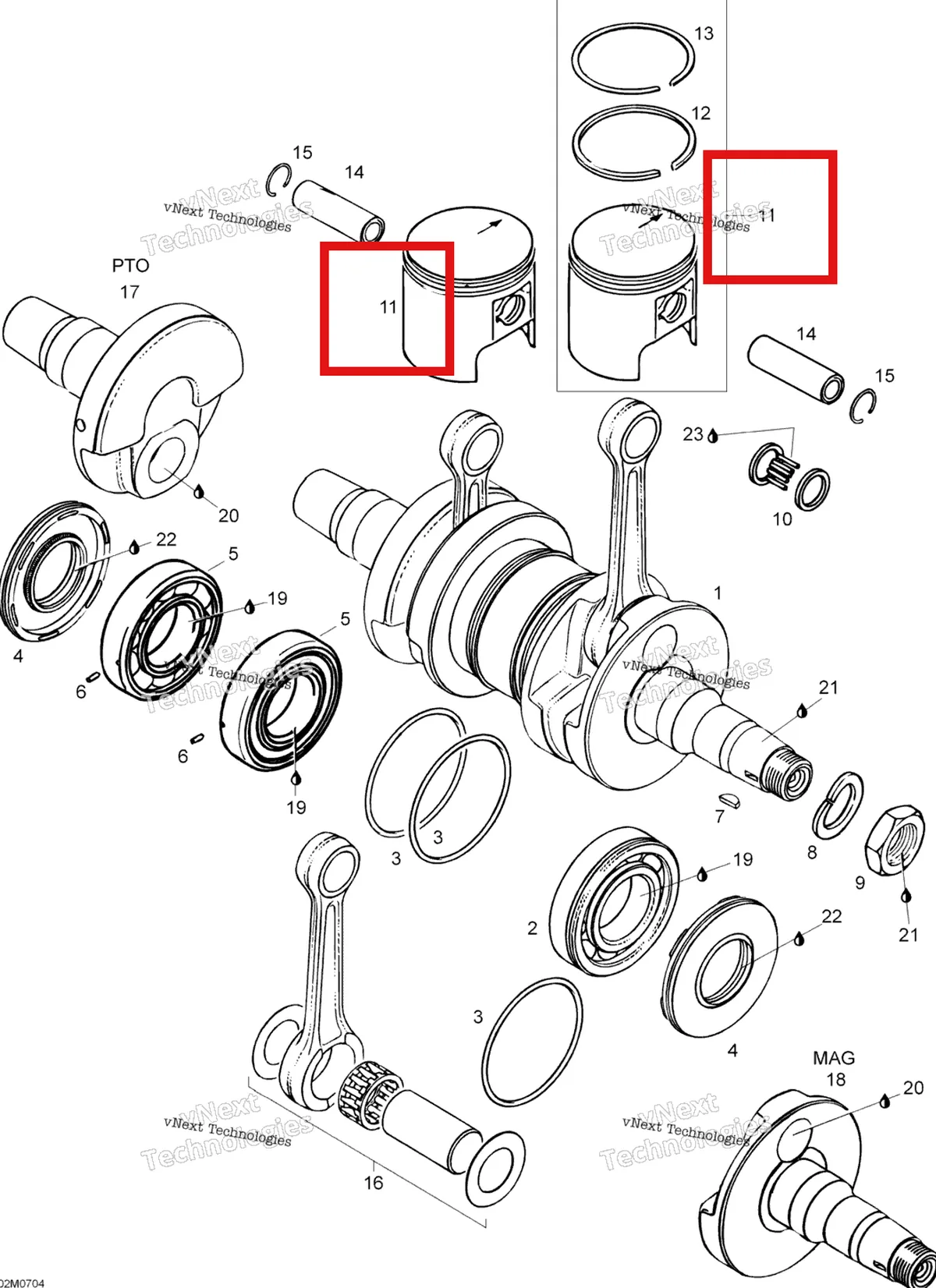 Деталь 420887487 (Деталь Piston Assy, 67.93 Mm. Includes Items 11 Thru 13) на схеме узла 2007 Ski-Doo Skandic LT 440F Crankshaft And Pistons