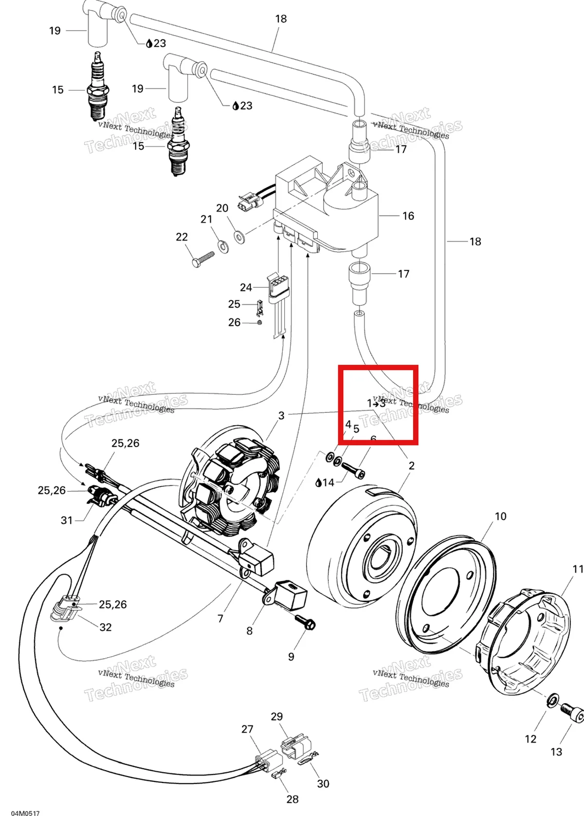 Деталь 420887654 (Деталь Magneto 12v/240w. Includes Items 1 Thru 2) на схеме узла 2005 Ski-Doo Skandic LT 440F Magneto