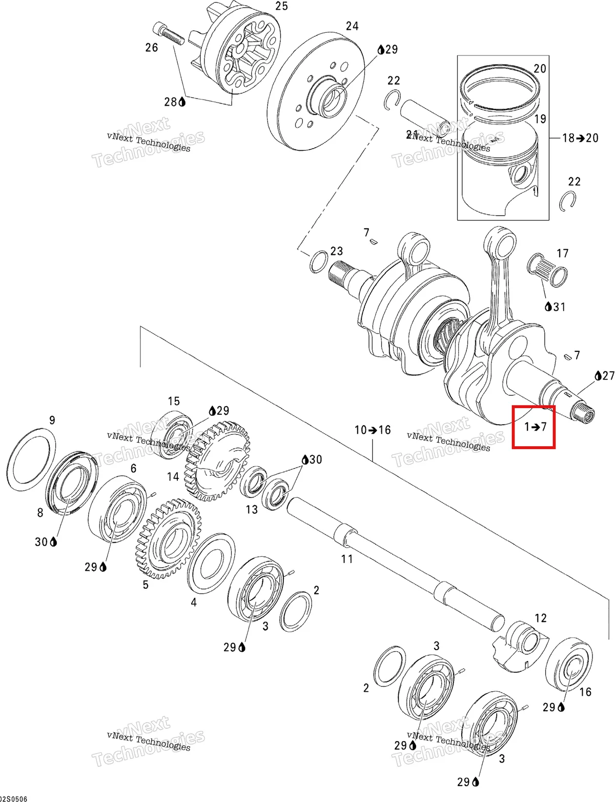 Деталь 420887891 на схеме узла 2005 Sea-Doo 3D RFI Crankshaft, Pistons And Balance Shaft