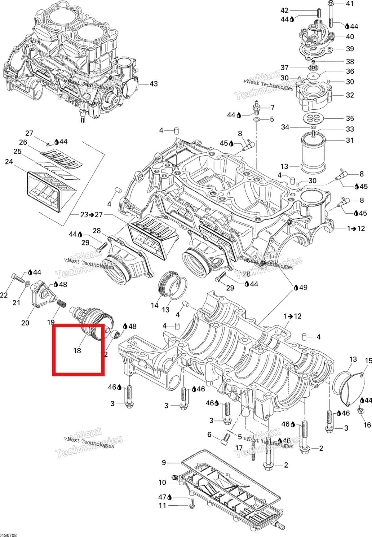 Деталь 420888042 на схеме узла 2007 Sea-Doo 3D 947 DI Crankcase And Reed Valve
