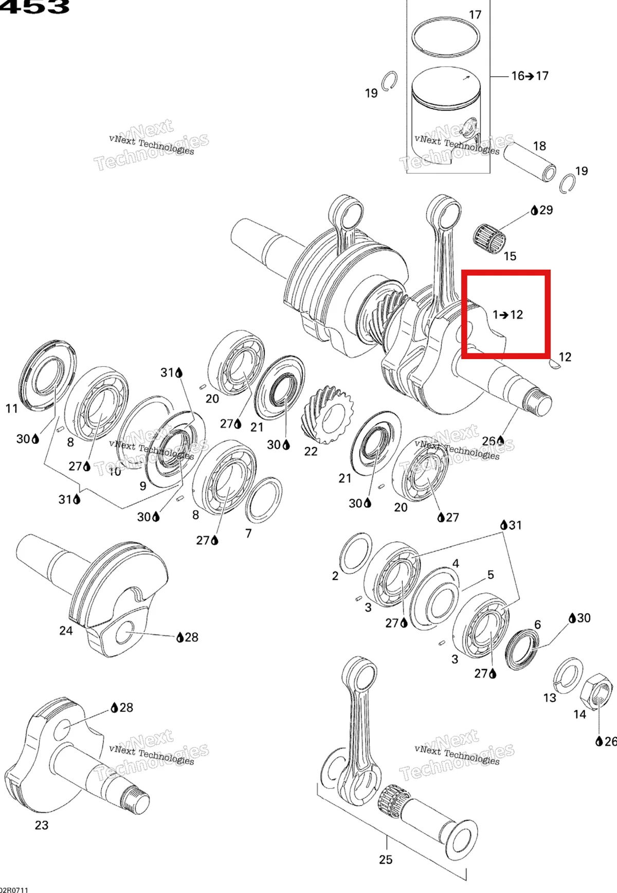 Деталь 420888257 (Коленчатый вал в сборе) на схеме узла 2007 Ski-Doo MX Z 440X Racing Crankshaft And Pistons