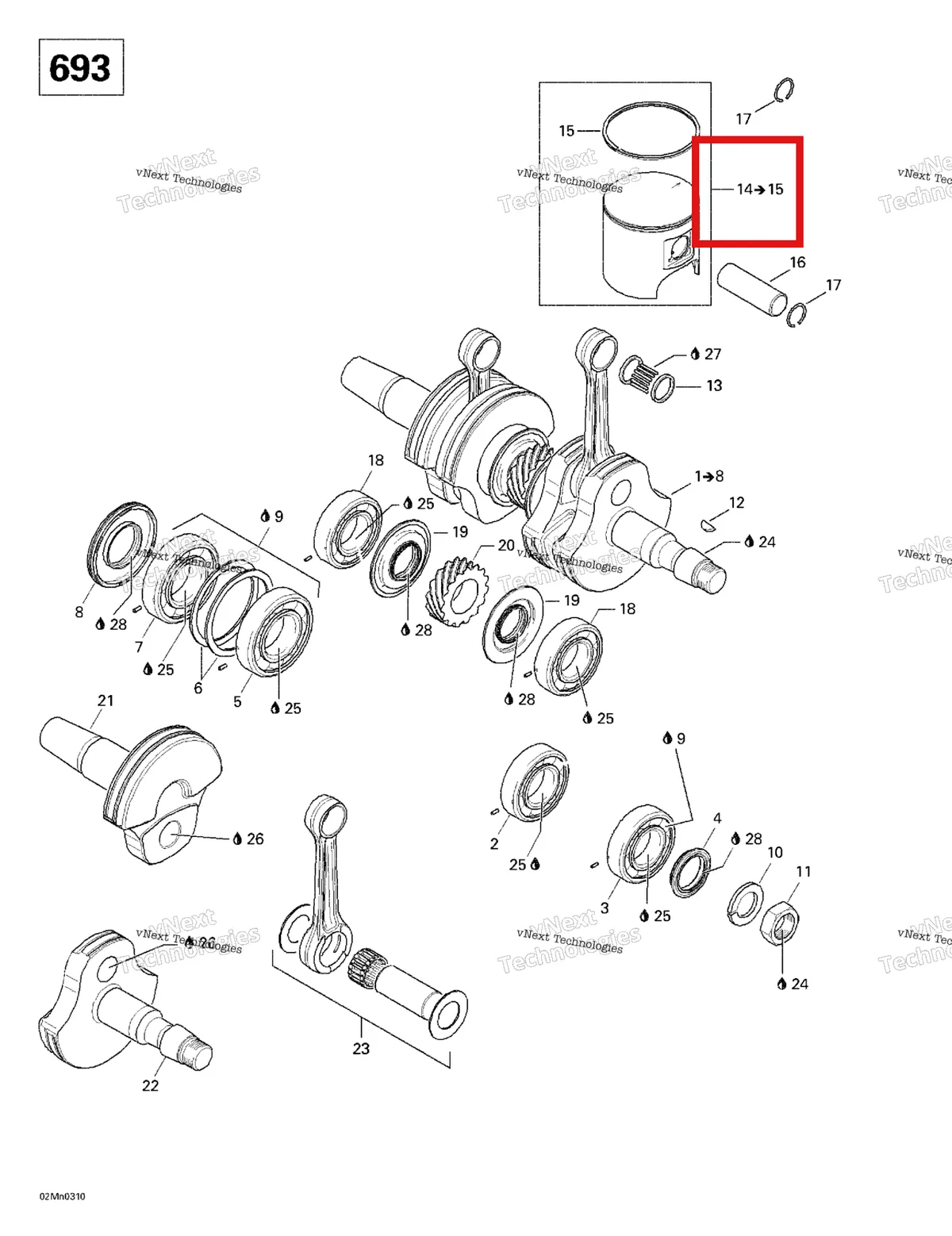 Деталь 420888298 (Деталь Piston 77.88 Mm. Includes Items 16 Thru 17) на схеме узла 