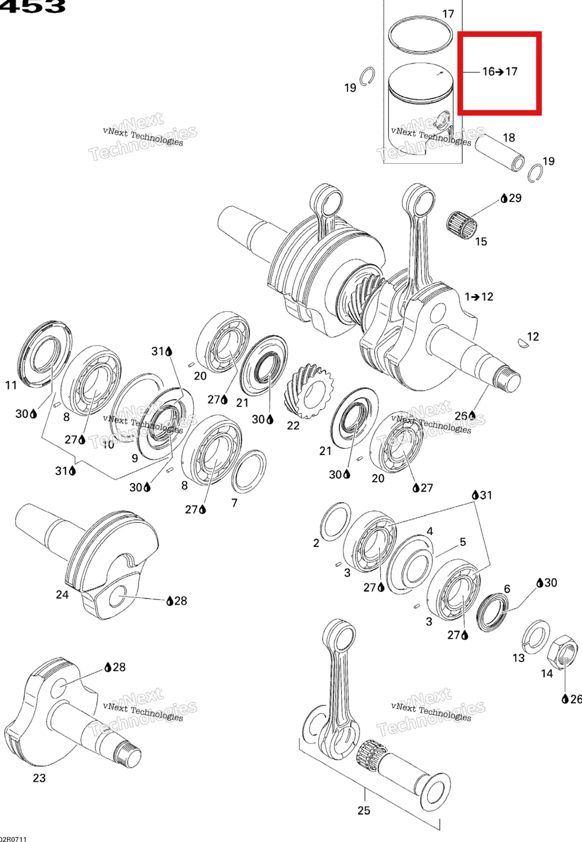 Деталь 420888333 (Деталь Piston 64.88 Mm. Includes Items 16 Thru 17) на схеме узла 2007 Ski-Doo MX Z 440X Racing Crankshaft And Pistons