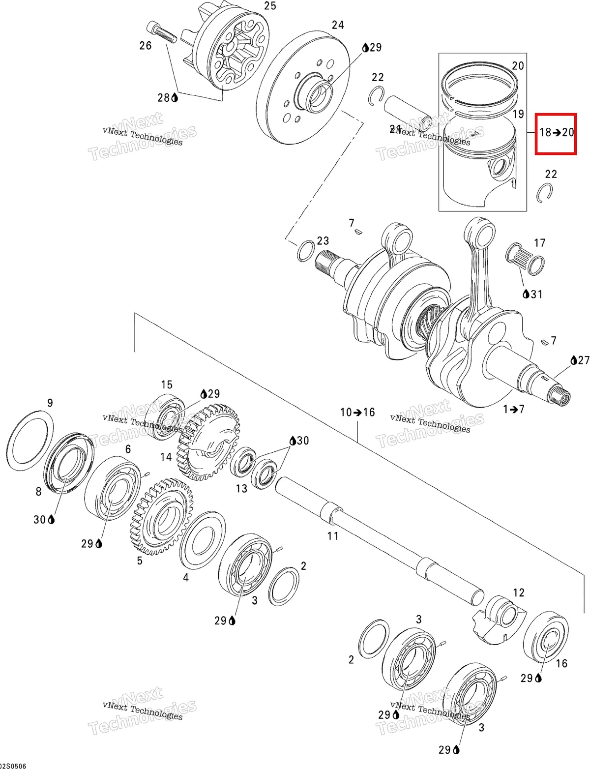 Деталь 420888419 на схеме узла 2005 Sea-Doo 3D RFI Crankshaft, Pistons And Balance Shaft