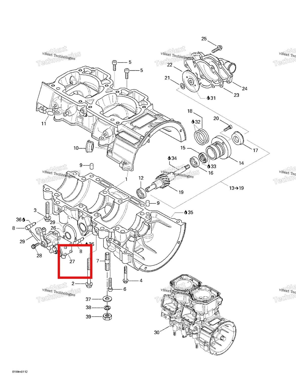 Деталь 420888425 (Масляный насос) на схеме узла 2001 Ski-Doo Summit 600/700/800 Crankcase, Water Pump And Oil Pump