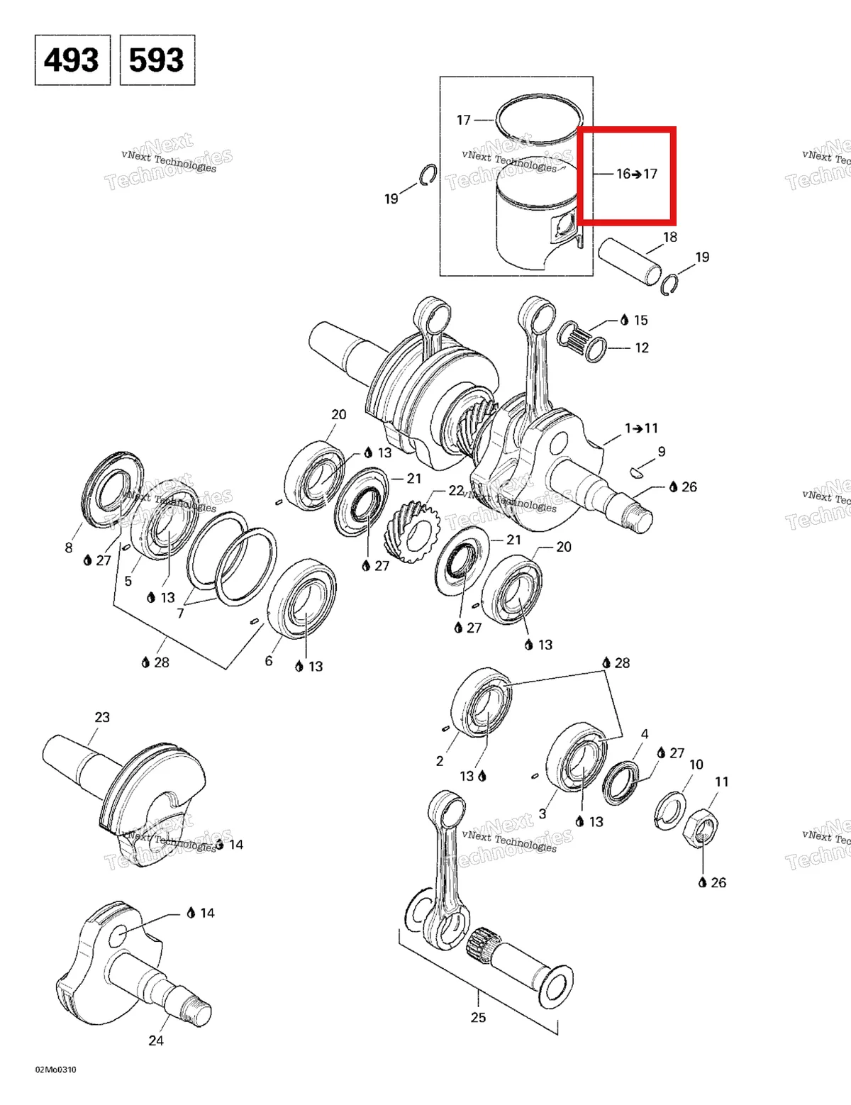 Деталь 420888445 (Деталь Piston 69.40 Mm. Includes Items 16 Thru 17) на схеме узла