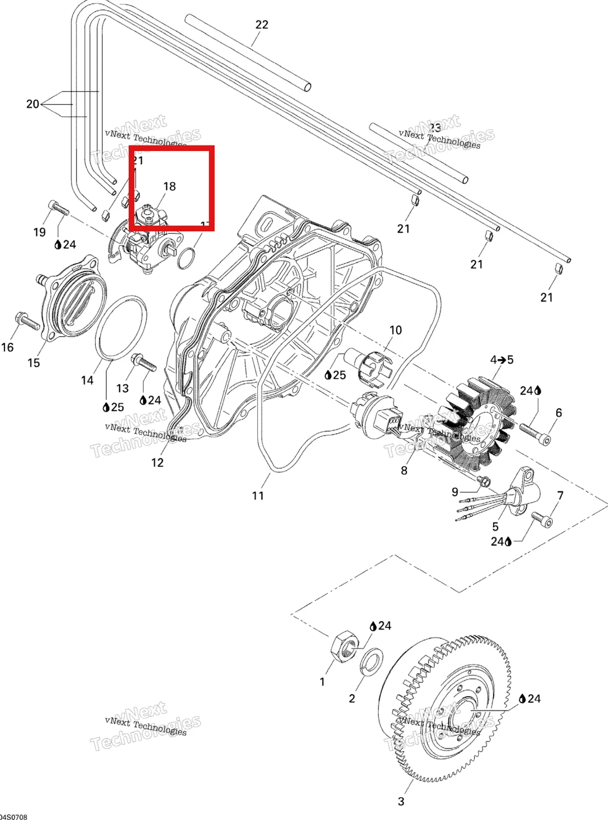 Деталь 420888541 на схеме узла 2007 Sea-Doo 3D 947 DI Magneto And Oil Pump