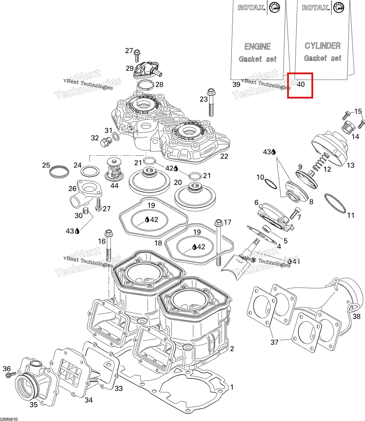 Деталь 420888637 (Деталь Gasket Set, Cylinder) на схеме узла 2006 Ski-Doo MX Z 440 Racing Cylinder And Exhaust Manifold
