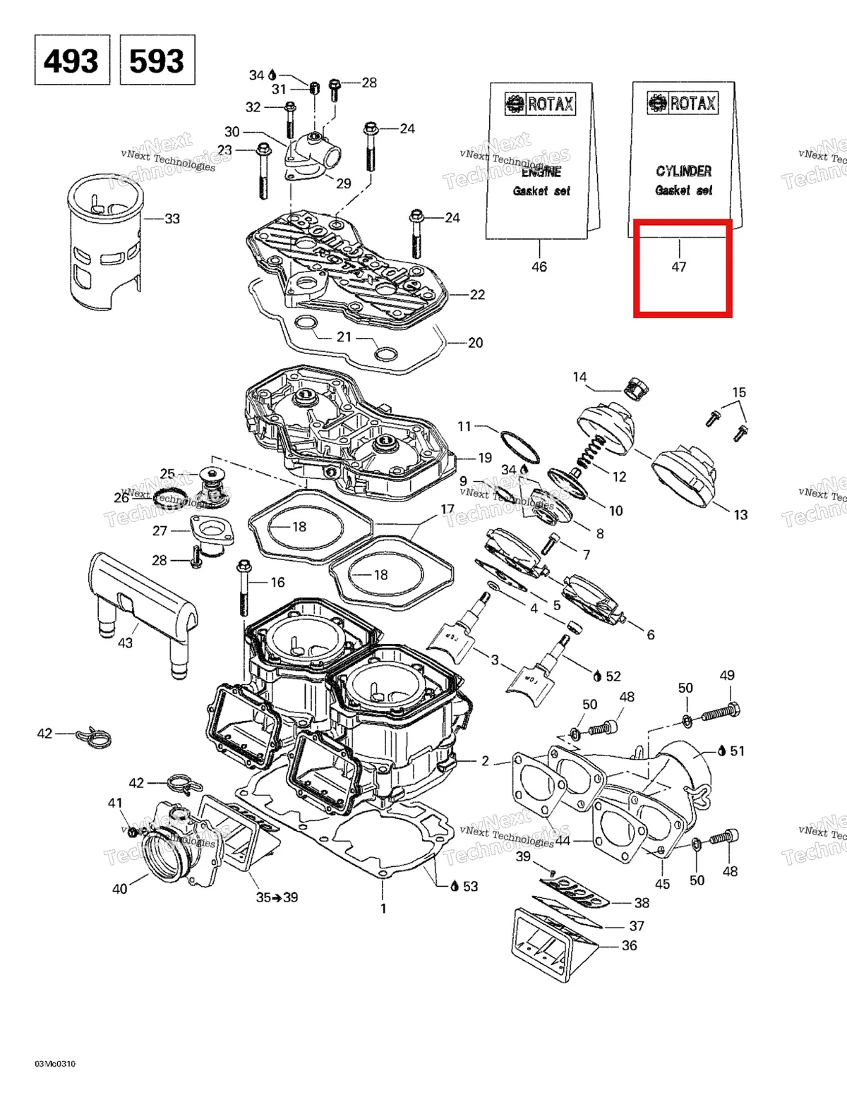 Деталь 420888726 (Деталь Gasket Kit, Cylinder) на схеме узла 2003 Ski-Doo Grand Touring 500/600/700 Cylinder, Exhaust Manifold, Reed Valve (493