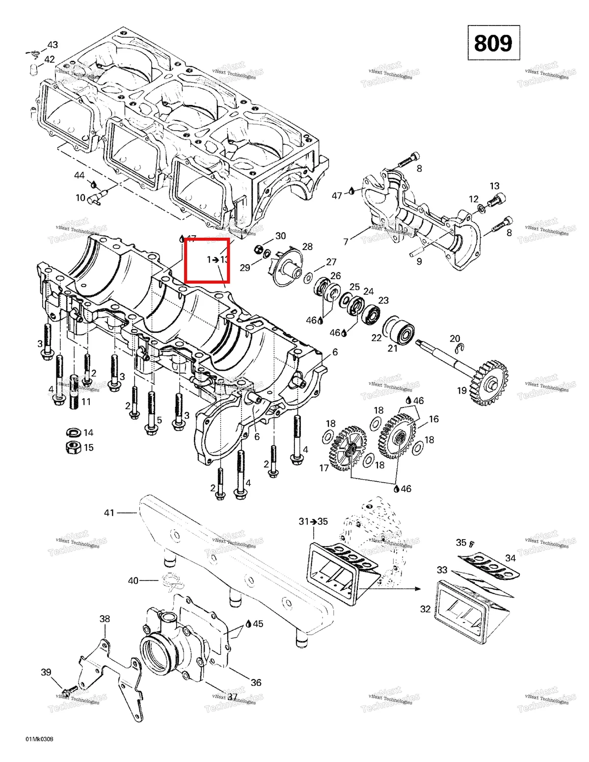 Деталь 420888731 на схеме узла 2003 Ski-Doo Mach Z Crankcase, Reed Valve, Water Pump