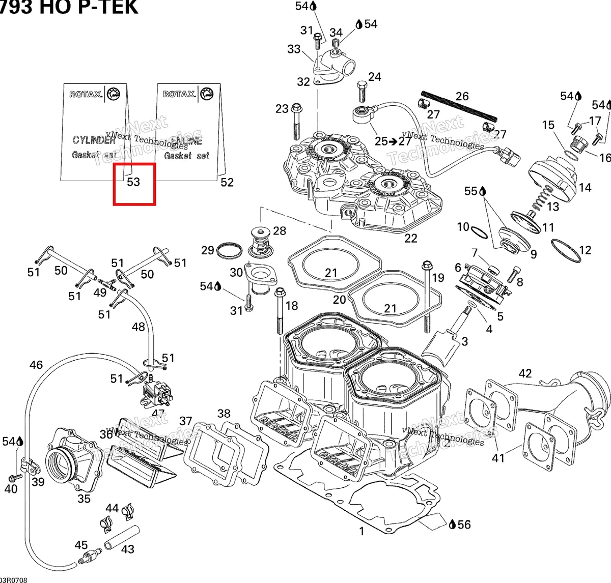 Деталь 420888745 (Деталь Gasket Set, Engine) на схеме узла 2007 Ski-Doo MX Z XRS 800 HO PTEK Cylinder, Exhaust Manifold And Reed Valve
