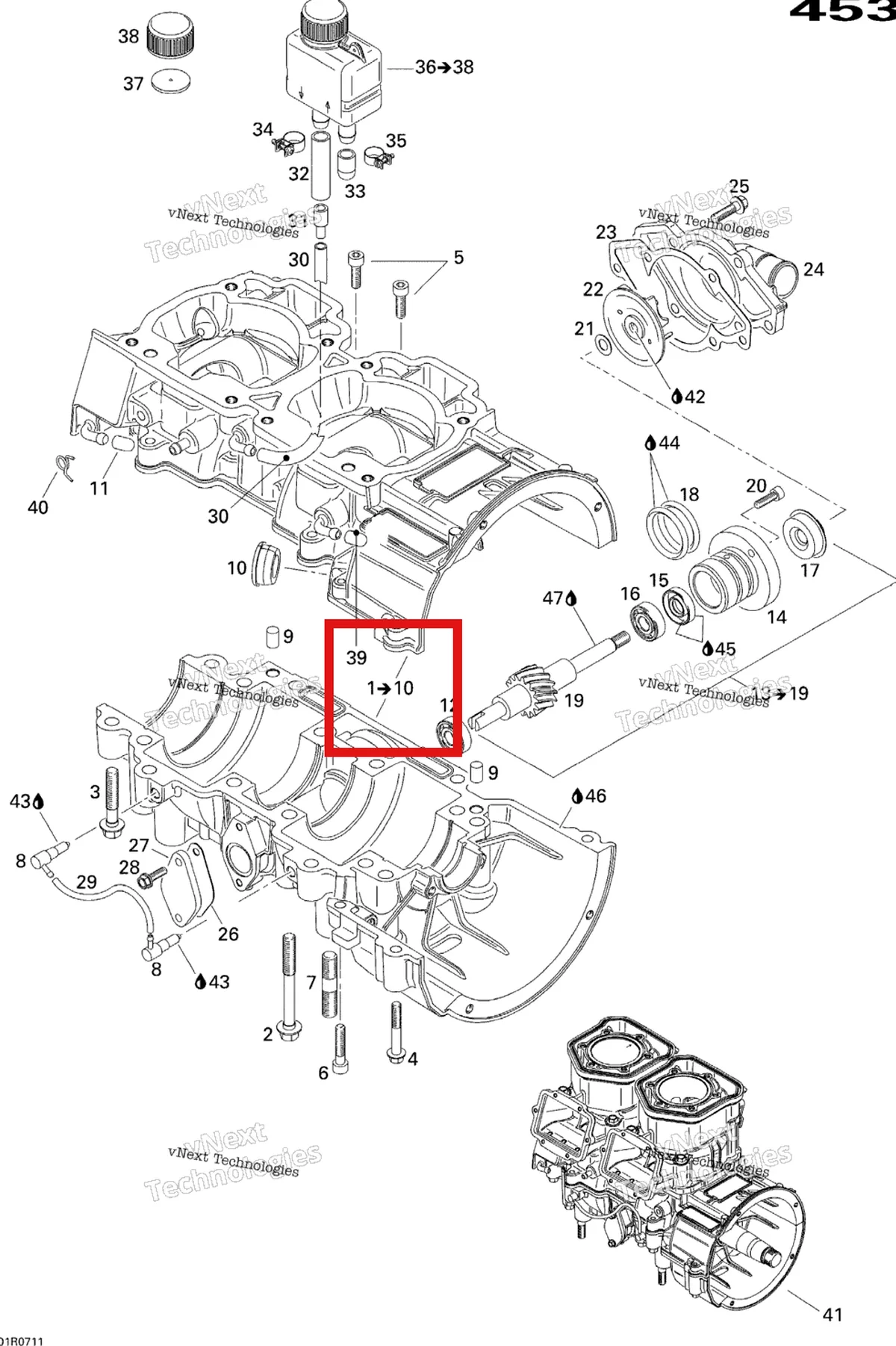 Деталь 420888768 (Деталь Crankcase Assy. Includes Items 1 Thru 10) на схеме узла 2007 Ski-Doo MX Z 440X Racing Crankcase