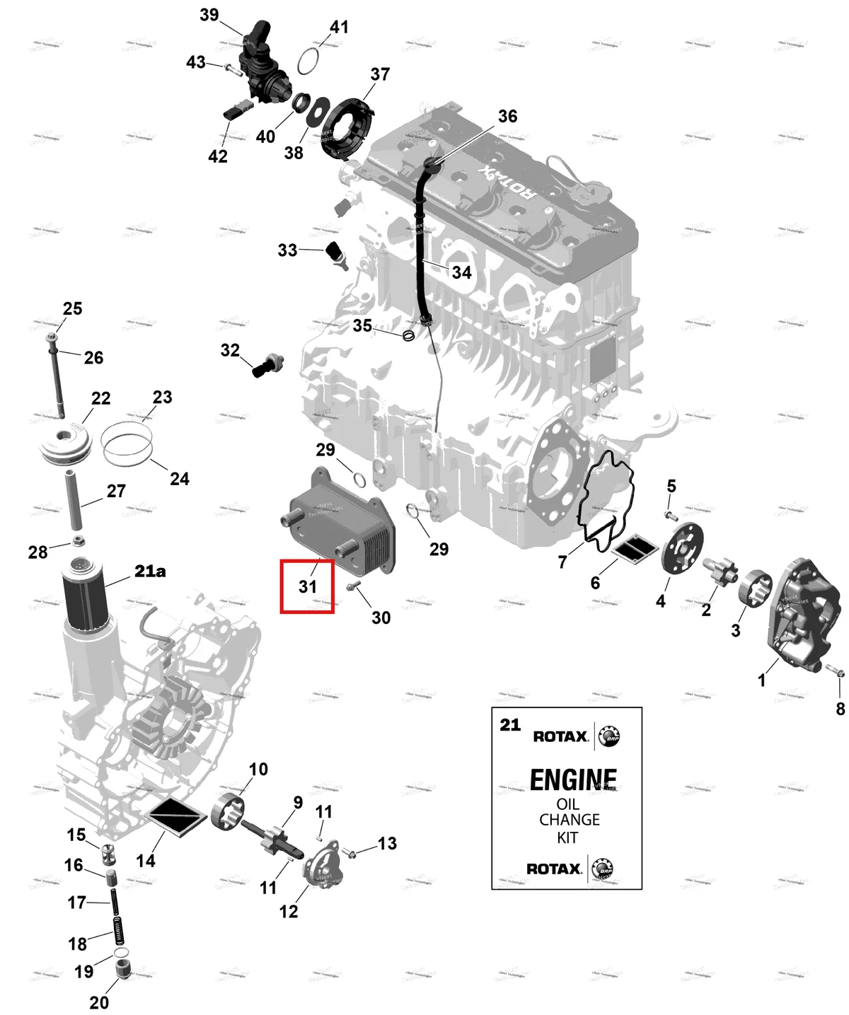 Деталь 420888879 (Масляный радиатор Sea-Doo GTX 230 (2023) (420888879)) на схеме узла 2026 Sea-Doo WAKE - 230 - PRO - 13TA - Northern Lichen - Audio Rotax - Engine Lubrication