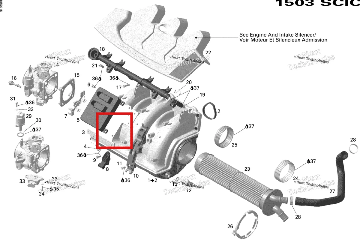 Деталь 420889026 на схеме узла 2007 Sea-Doo GTX LTD Air Intake Manifold Sea-Doo