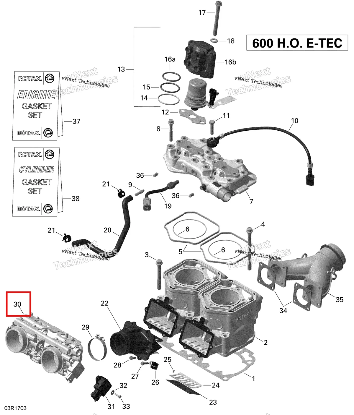 Деталь 420889201 (Корпус Дросселя) на схеме узла 2020 Ski-Doo SKANDIC WT 600HO E-TEC Engine - Cylinder And Injection System - 600Ho E-Tec