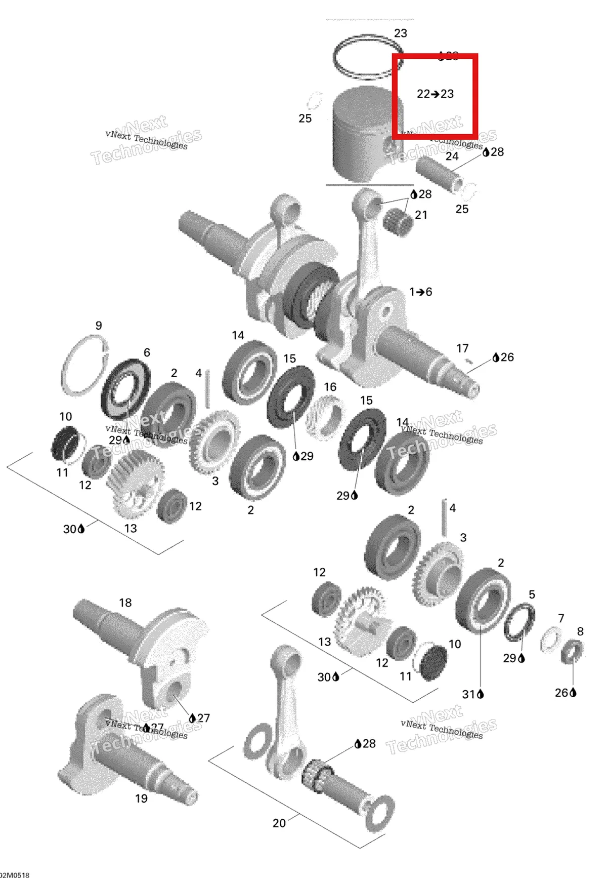 Деталь 420889231 на схеме узла 2005 Ski-Doo Mach Z 1000 SDI Crankshaft And Pistons